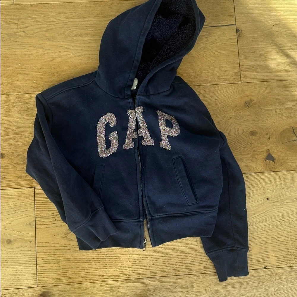 GAP Kids Dark Blue Hoodie with Glitter shimmer Logo Sherpa lined 10